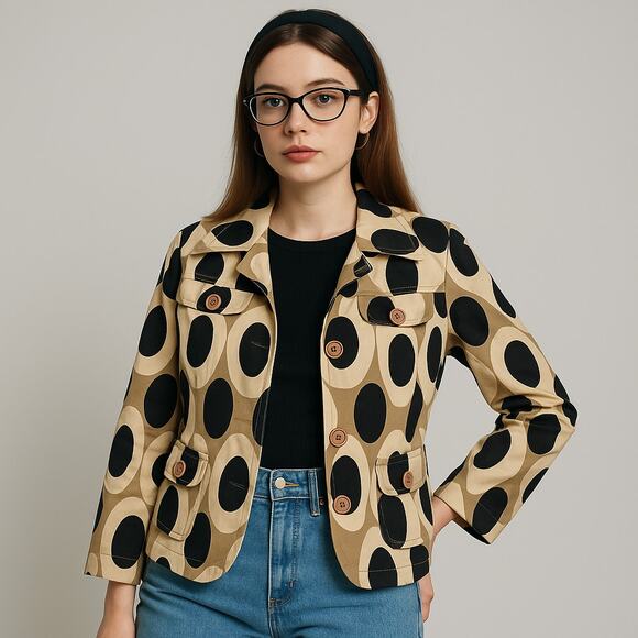 Lapis Mod Circle Print Jacket L RN99144 Retro Indie Lined Cotton Blazer Y2K - Picture 1 of 13